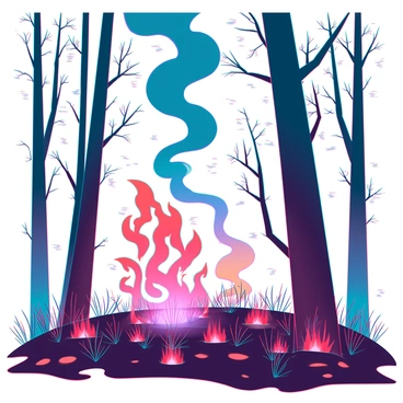 A vivid forest fire with bright, dynamic flames dancing between tall, slender trees. The flames are orange and red, flickering wildly as they consume the dry underbrush. Thick, dark smoke curls upwards, billowing into the sky and creating a stark contrast against the bright colors of the fire. The trees are partially engulfed in flames, with glowing embers scattered around the forest floor, illuminating the scene with an eerie light. The atmosphere is charged with tension as the fire rages, and the air is filled with swirling particles of ash.
