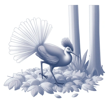 A lyrebird is depicted foraging for insects among a dense carpet of fallen leaves on the forest floor. The bird is intricately detailed, with its distinctive tail feathers arranged behind it in a fan shape. Its beak is slightly open as it searches for food, while the surrounding leaves are varied in size and shape, contributing to the texture of the forest floor. In the background, tall tree trunks rise, partially obscured by the rich foliage of the forest. The scene captures the essence of the bird's natural habitat.