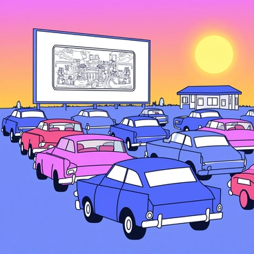 A nostalgic drive-in movie theater scene at dusk. Classic cars with shiny chrome details and smooth curves are parked in neat rows facing a large, brightly illuminated screen. The screen displays a black-and-white film with vintage imagery. Surrounding the cars are soft, grassy patches and a few scattered retro-style concession stands. The sky is painted in warm hues of orange and purple as the sun sets, casting a gentle glow over the entire scene.