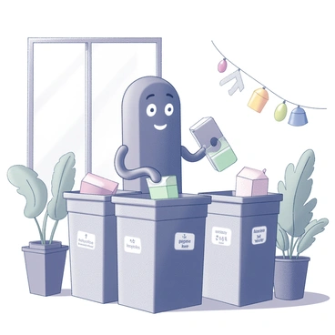 A colon character with a friendly expression is sorting various recyclables. The character is surrounded by bins labeled "plastic," "paper," and "metal," each filled with corresponding materials. The setting has a clean, well-organized look with a few green plants nearby. There are colorful, playful decorations hanging in the background, adding to the cheerful atmosphere. The sunlight streams through a nearby window, illuminating the scene.