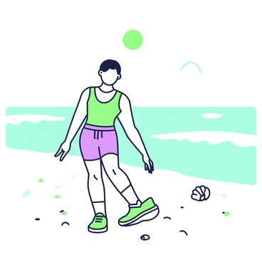 A person is performing heel taps on a sandy beach. The individual is wearing athletic clothing, including a fitted shirt and shorts, and is focused on maintaining balance. Their feet are making contact with the soft sand as they lift one heel towards their opposite knee. In the background, ocean waves are gently rolling towards the shore, creating a rhythmic pattern. The sky above is clear, allowing sunlight to illuminate the scene and reflecting off the water's surface. Nearby, a few seashells are scattered on the sand, adding detail to the beach setting.