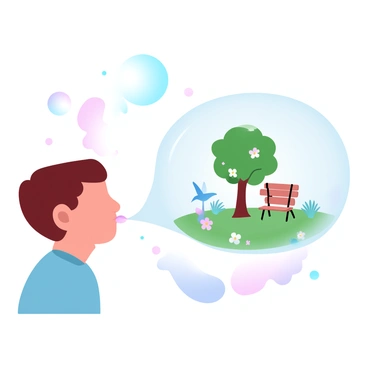 A child is blowing soap bubbles, with colorful bubbles floating in the air. One large bubble is expanding and contains a miniature scene inside. The scene features a small park with green grass, colorful flowers, and tiny playground equipment. A small bench is placed under a stylized tree, and a few whimsical birds can be seen flying around. The background is filled with soft pastel colors, enhancing the enchanting atmosphere of the moment.
