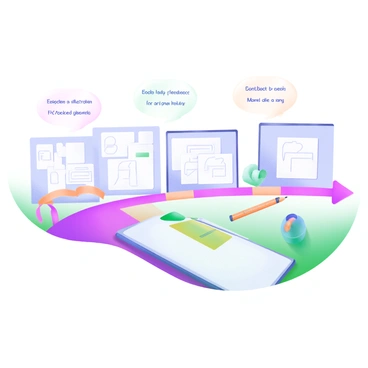 A modern pastel illustration featuring a timeline consisting of several sketches arranged horizontally. Each sketch displays different stages of an illustration, starting with basic shapes and outlines on the left, progressing to detailed line work in the center, and culminating in a fully colored final piece on the right. Alongside the sketches are small notes indicating feedback points from a consultation, represented by speech bubbles with a stylized pencil and ruler. The background is subtle, allowing the timeline to be the focal point of the image.