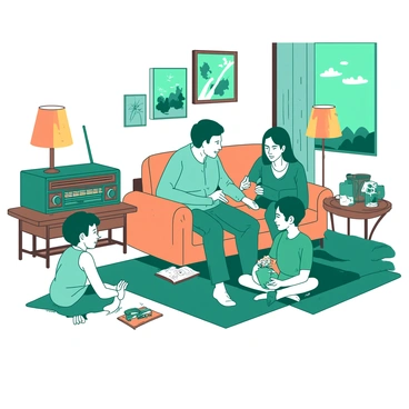 A teal family is gathered in a cozy living room around a vintage radio, which is sitting on a small wooden table. The radio is adorned with intricate woodwork, its dials glowing softly. The family members, including two adults and two children, sit on a plush orange sofa with expressions of attentiveness as they listen to the sermon broadcast. The walls of the room are decorated with framed photographs, and a warm orange lamp casts a gentle glow, adding to the nostalgic atmosphere. The children are sitting cross-legged on the floor, with one child holding a coloring book and crayons.