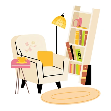 A quaint reading nook featuring a comfortable armchair upholstered in a soft, floral fabric. The nook is adorned with a small wooden bookshelf filled with vintage art books, their spines in various shades of brown and green. A round side table next to the chair holds a steaming cup of tea and a pair of reading glasses. Warm, golden lighting emanates from a nearby lamp with a stained glass shade, casting a cozy glow over the entire space. A plush, patterned rug lies on the floor, completing the inviting atmosphere of the nook.