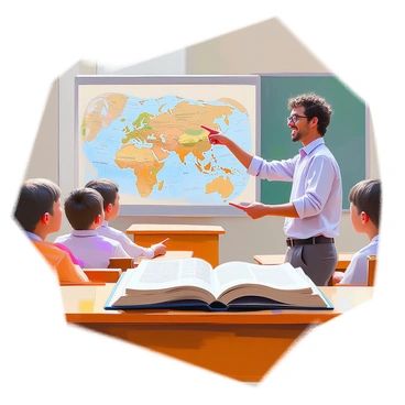 A teacher pointing to a historical map in an open book during a lecture