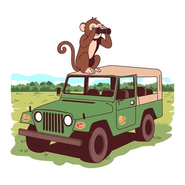 A brown monkey with a curious expression is peering through a pair of binoculars while sitting on top of a green safari jeep. The jeep is parked in an open grassy area with distant trees in the background. The monkey's tail is curled playfully, and its hands are gripping the binoculars tightly. The sun is shining, casting light on the monkey's fur and the shiny surface of the binoculars. The jeep has a canvas top and is adorned with a few colorful stickers from various safaris.