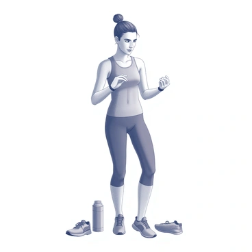 A person stands in an athletic pose, wearing a fitted running outfit. Their hair is styled in a sporty updo, showcasing a neat bun or ponytail that keeps hair secured and out of the face. The individual is checking a sports watch on their wrist, displaying readiness and focus. The background features running shoes and a water bottle, symbolizing preparation for the marathon ahead. A sense of determination is present in their expression as they mentally gear up for the race.