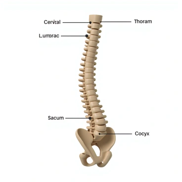 A clear illustration of an articulated vertebral column positioned vertically. The vertebral column consists of distinct vertebrae, each labeled clearly. The major parts, including the cervical, thoracic, lumbar regions, sacrum, and coccyx, are highlighted. Arrows are strategically placed, pointing to each major section with text labels indicating their names. The overall diagram is clean and organized, facilitating easy understanding of the structure's anatomy.