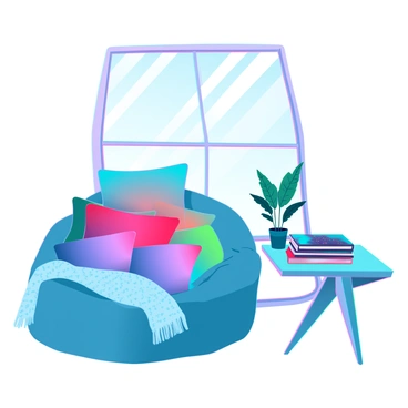 A small reading nook with a cozy ambiance. The nook features a large window letting in natural light, illuminating the space. Inside, there are an array of soft, colorful pillows arranged invitingly on a plush, oversized bean bag chair. Beside it, a stack of aesthetic books with beautifully designed covers rests on a sleek, modern side table. A small potted plant adds a touch of greenery to the scene, while a warm, knitted throw blanket drapes over the edge of the chair, inviting one to relax and read.