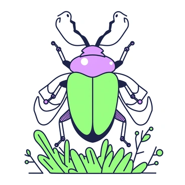 A giant beetle is positioned prominently in the center of the image, towering over a variety of small plants below. The beetle has a shiny, textured exoskeleton with pronounced antennae and large, intricate wings folded against its body. The small plants, with delicate leaves and stems, surround the base of the beetle, emphasizing its massive size in comparison. The perspective is exaggerated, making the beetle appear significantly larger than the plants, creating a sense of awe and dominance. The scene captures the intricate details of the beetle and the lushness of the plants beneath it.