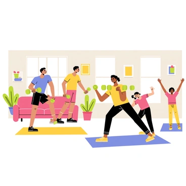 A family exercising together in a bright and open living room. One family member is performing a dumbbell bent over row, holding a green dumbbell in each hand. The person is bent at the waist with their back straight, focused on the workout. Another family member is doing jumping jacks nearby, while another is stretching on a colorful yoga mat. The room is decorated with houseplants and motivational posters on the walls, creating a vibrant atmosphere of fitness and togetherness.