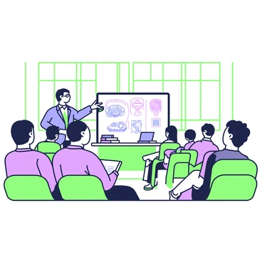 A lecture hall filled with rows of chairs is occupied by attentive students. In the front, a professor with glasses stands next to a large projection screen displaying illustrations of historical scientific diagrams. The professor is wearing a blue blazer and is gesturing towards the screen with one hand while holding a remote in the other. On the desk beside the professor, there are stacks of books and some notepads. The students are engaged, some with laptops open, while others are taking notes in notebooks. The room has large windows allowing light to enter, creating a bright and inviting atmosphere.