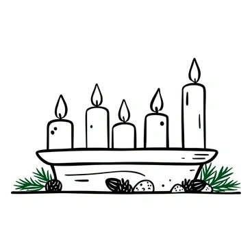 Four advent candles arranged in a row on a wooden table, each candle progressively lit from left to right, casting a warm glow. The candles are of varying heights, with the first one being the shortest and the last one the tallest. The table is decorated with green pine needles and small pinecones scattered around the base of the candles. The glow from the flames enhances the texture of the candles and the surrounding decorations, creating a cozy atmosphere.