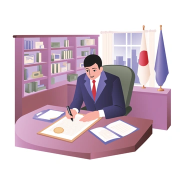 A prime minister sitting at a large, polished wooden desk in an official office. The desk is adorned with various documents and a fountain pen. The prime minister has short dark hair and is wearing a tailored navy blue suit with a white shirt and a red tie. They are focused on signing a large document that has a prominent "New Law" title at the top. In the background, there are bookshelves filled with legal books, and a large flag is displayed on the wall beside a window with a view of the city skyline. A gold seal is visible on the document being signed.