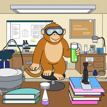 A small monkey with light brown fur is wearing a pair of oversized goggles. It is standing on a stool in the center of a cluttered laboratory. The monkey is holding a test tube filled with a bright green liquid in one hand and a small beaker with purple liquid in the other. A table in front of the monkey is covered with various gadgets, including a microscope, a scale, and a stack of colorful notebooks. There are wires and tools scattered around, and a corkboard on the wall displays notes and diagrams. The laboratory is lit by a bright overhead light, creating a lively atmosphere.