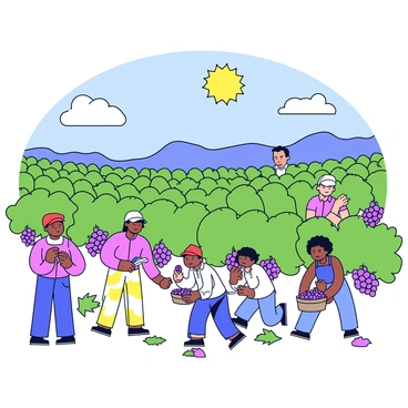 A picturesque vineyard with workers harvesting grapes under a sunny sky