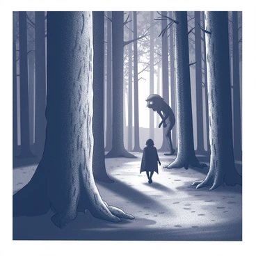 A dark forest filled with tall trees, casting long shadows. In the foreground, a large tree trunk stands prominently, its rough bark visible. Behind the tree, a vague silhouette of a mysterious creature is partially concealed, with only its eyes glimmering in the dim light. The creature appears to have an elongated body and irregular features, adding to its enigmatic presence. In the distance, a passerby wearing a cloak walks along a narrow path, unaware of the creature watching them intently. The atmosphere is thick with suspense, emphasizing the contrast between the darkness of the forest and the faint light filtering through the treetops.
