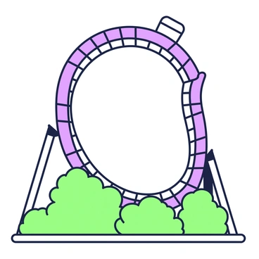 A roller coaster track is looping in the shape of angles "2" and "5" against the sky. The track is metallic, glinting in the light, and is elevated above the ground, creating a dramatic perspective. Below the track, there are trees with a green outline, indicating a park-like setting. The sky is clear and expansive, framing the roller coaster's dynamic shape as it twists and turns in mid-air.