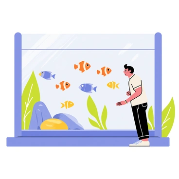 A person standing in front of a large aquarium exhibit filled with various colorful fish. The aquarium has a clear glass front, showcasing vibrant fish species such as clownfish with orange and white stripes, blue tangs with bright blue bodies, and yellow tangs with yellow hues. The water is clear, and the background features lush green aquatic plants along with decorative rocks. The patron, depicted with an expression of fascination, is wearing casual clothing and leaning slightly forward to get a better view of the fish swimming gracefully in the water.