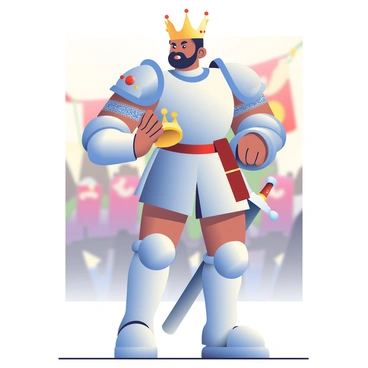 A king with a strong build is standing confidently, wearing shining silver armor that reflects the light. He has short, dark hair and a determined expression on his face. In one hand, he is holding a golden crown adorned with red and blue jewels, displaying it prominently. His other hand rests on the hilt of a sword sheathed at his side. Behind him, there is a blurred hint of a battlefield with banners waving in the wind and the silhouettes of soldiers preparing for combat. The light creates a radiant effect on his armor, emphasizing his role as a leader ready for battle.