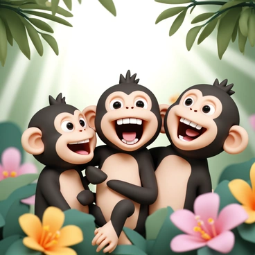 A group of three monkeys, each with unique facial features and expressions, are laughing together. The first monkey has thick fur, large round eyes, and an open mouth showing teeth, while the second monkey has a lighter-colored face with big ears and wide, joyful eyes. The third monkey has a playful grin, with its tongue sticking out. They are surrounded by lush green leaves and bright tropical flowers, with beams of sunlight filtering through the treetops, illuminating their faces as they enjoy their sunny day in the jungle.