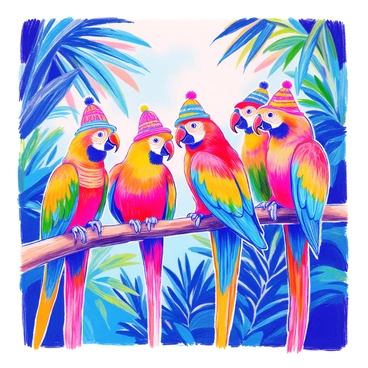 A flock of brightly colored parrots is perched on a thick tropical tree branch. Each parrot is adorned with tiny hats and scarves in various patterns and colors. The tree branch is lush with vibrant green leaves and surrounded by other tropical foliage. The parrots display a range of colors, including reds, yellows, blues, and greens, creating a lively scene. Their beaks are curved and vivid, and some of them are playfully interacting with one another, adding to the dynamic atmosphere.