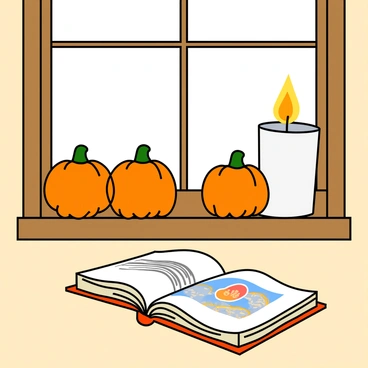 A wooden windowsill with a light brown finish, featuring three small orange pumpkins of varying sizes arranged neatly. A flickering candle, with a white wax exterior and a golden flame, is positioned next to the pumpkins. An open book lies flat on the windowsill, its pages slightly curled, revealing colorful illustrations and text. Sunlight streams in from the window, casting soft shadows on the surfaces.
