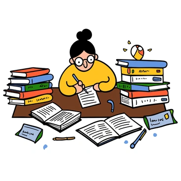 A reader with light skin and big eyes is sitting at a wooden table, surrounded by piles of colorful books. The reader has short black hair and is wearing round glasses. They are focused on writing notes on a piece of paper, with a few pens lying nearby. There are open books in front of them, displaying text and illustrations. Scattered notes are around the table, some with underlined phrases and highlighted sections. The scene conveys a sense of study and preparation for a literature test.