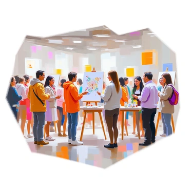 A vibrant networking event taking place in a spacious, well-lit room filled with scientific illustrations displayed on walls. Groups of diverse individuals, including men and women of various ethnicities, are engaged in animated conversations. Some are smiling and exchanging business cards, while others are discussing their work and portfolios. Tables with refreshments are scattered throughout, and a few easels showcase detailed artwork, highlighting the creativity of the illustrators. The atmosphere is lively, with a sense of collaboration and inspiration among the attendees.