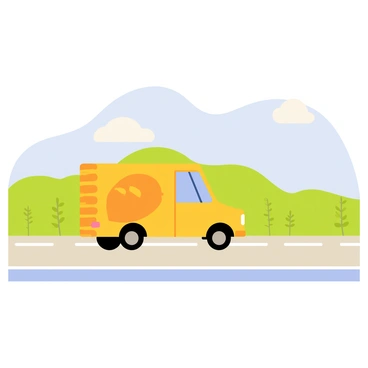 A bright yellow bread truck traveling down a wide highway. The truck has an oversized loaf of bread graphic on its side. In the background, there are rolling green hills under a clear blue sky with fluffy white clouds. The highway stretches into the distance, with a few small trees scattered along the sides.