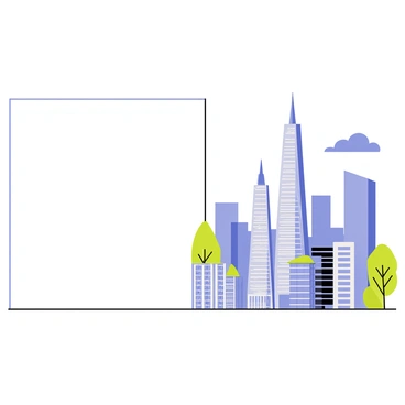 An illustration board divided into two halves. One half features a detailed skyline of a modern city, showcasing tall glass skyscrapers with reflective surfaces, a few buildings adorned with green terraces, and a blue sky above. The other half remains blank, providing a stark contrast to the bustling urban scene.
