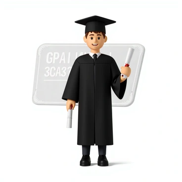 A graduate with light skin and short brown hair, wearing a black graduation gown and a square cap, stands proudly while holding a diploma in one hand. The diploma features ornate borders and is tied with a ribbon. The graduate is smiling and looking directly at the viewer. In the background, there is a faint representation of a GPA score, subtly blended into the scene, with the numbers appearing as if written on a chalkboard. The setting conveys a sense of accomplishment and celebration.