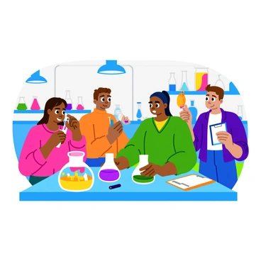 A group of five students is gathered in a bright laboratory, each engaged in a different science experiment. One student holds a test tube filled with a vibrant purple liquid, while another mixes colorful powders in a glass bowl, creating a swirl of yellow and blue. A third student is observing a bubbling beaker where a green solution is erupting, and the fourth is carefully measuring a bright red substance with a syringe. The fifth student is jotting down notes on a clipboard, their face lit up with excitement. The lab is filled with various colorful materials, including beakers, flasks, and safety goggles scattered around the workspace, all under bright overhead lights that enhance the vividness of the scene. Each student's eager expression reflects their enthusiasm for discovery and learning.
