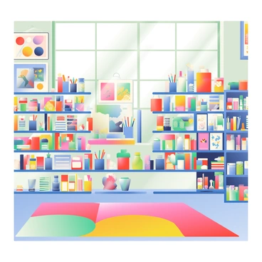 A vibrant art supply store is filled with an array of colorful products. Shelves are stocked with various sizes of paint tubes in bright hues, including reds, blues, and yellows. There are numerous brushes of different shapes and sizes, neatly organized in jars on the shelves. A section displays a variety of sketchbooks, some with illustrated covers, all showcasing vibrant colors. The floor is adorned with a large, multicolored rug, adding warmth to the space. In the background, there are framed artworks hanging on the walls, showcasing different styles and techniques. Sunlight filters in through large windows, illuminating the store and enhancing the vivid colors of the supplies.