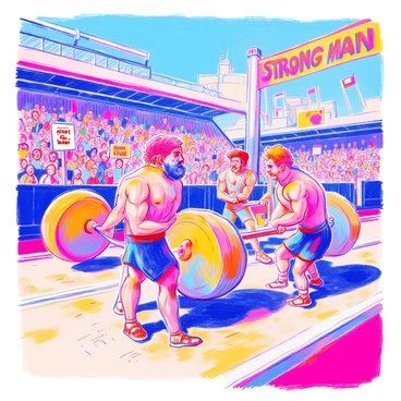 A strongman competition takes place in an outdoor arena filled with spectators. In the foreground, several competitors are lifting huge, heavy stones, straining their muscles as they exert effort. Each competitor has a unique physique, showcasing their strength. One competitor has a thick beard and is wearing a sleeveless shirt, while another has a focused expression and is in a tank top. The stones vary in size and texture, some rough and weathered, others smooth and polished. The ground is marked with sawdust, and a bright banner displaying the event name flutters in the background. Enthusiastic spectators cheer from the sidelines, holding colorful signs.
