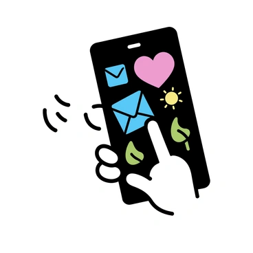 A finger, with neatly trimmed nails, is touching a vibrant digital touchscreen. The screen displays a variety of colorful icons, including a blue envelope, a red heart, a yellow sun, and a green leaf. The background of the touchscreen is sleek and black, highlighting the bright colors of the icons. The finger is positioned delicately over one of the icons, suggesting an interaction is about to occur.