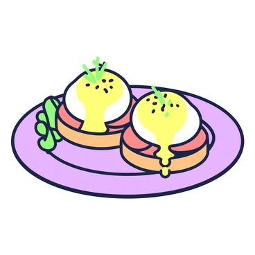 A gourmet plate features two perfectly poached eggs nestled on top of toasted English muffins. Each egg is drizzled with a smooth hollandaise sauce that cascades down the sides. Surrounding the eggs, crispy strips of bacon add a savory touch, while a sprinkle of finely chopped green herbs provides a fresh accent. The plate is garnished with a mix of vibrant microgreens on the side, enhancing the overall presentation of this dish.