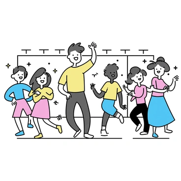 A dance studio filled with a diverse group of people participating in a lively dance class. In the center, a tall person with a muscular build is demonstrating a dance move with enthusiasm. Next to them, a person with a curvy figure is smiling and following along gracefully. A smaller individual with short hair is moving energetically to the rhythm. In the background, others with varying body types are expressing themselves, each in their unique style. The atmosphere is filled with vibrant energy as colorful clothing sways with the movement. The wooden floor reflects the bright lights coming from the ceiling, enhancing the dynamic scene.