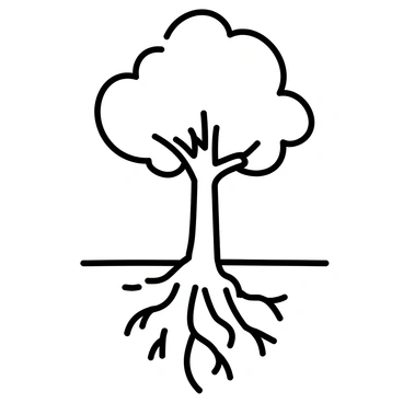 A simplistic drawing of a tree with a wide, sturdy trunk and a lush, rounded canopy. The tree's deep roots are prominently displayed, extending in various directions underground. The roots are thick and gnarled, showcasing the strength and stability they provide. The ground around the tree is slightly disturbed, revealing the depth and complexity of the root system.