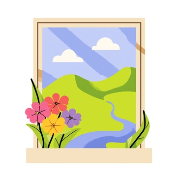A window with a wooden frame displaying a vibrant landscape. The landscape features rolling green hills and a bright blue sky with fluffy white clouds. There's a field of large, colorful flowers in shades of red, yellow, and purple in the foreground. A small, winding river runs through the scene, reflecting the bold colors of the surroundings. The sunlight casts playful shadows across the landscape, enhancing the vividness of the colors.