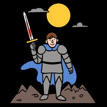 A medieval knight with light skin and short brown hair stands in a dark landscape under a bright full moon. He is wearing a silver suit of armor that reflects the moonlight, and a dark blue cape flows behind him. In his right hand, he holds a sword that is stained with fresh blood, glistening ominously. The knight's expression is determined, with a focus on his piercing blue eyes. The sky is dotted with a few wispy clouds, and the ground is rugged, suggesting a recent battle.