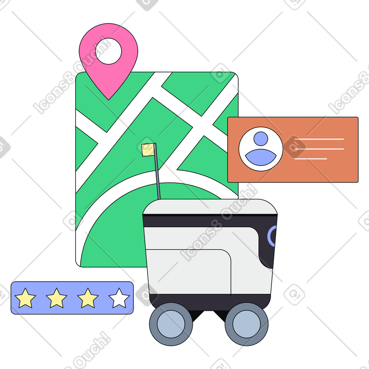 Robot di consegna autonomo con valutazione del cliente, corriere robotico che traccia la posizione sistema logistico intelligente dati e recensioni degli utenti illustrazione in stile Teko scarica in PNG, SVG