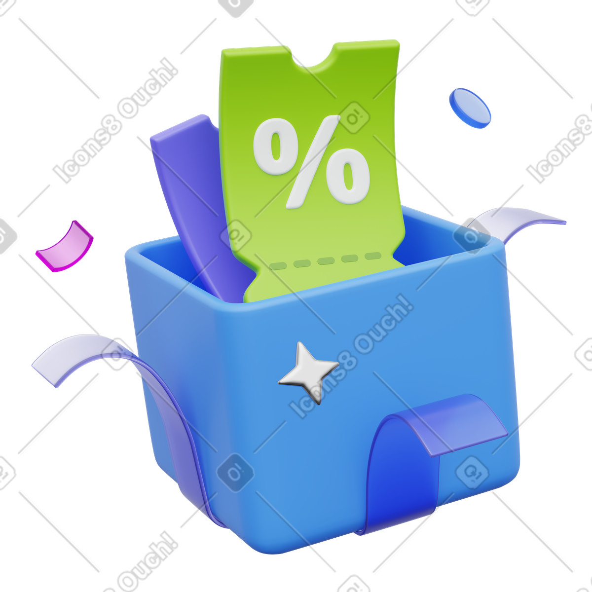 Percentage voucher with confetti in box, Special offer and savings illustration 3D Playful style download PNG, SVG