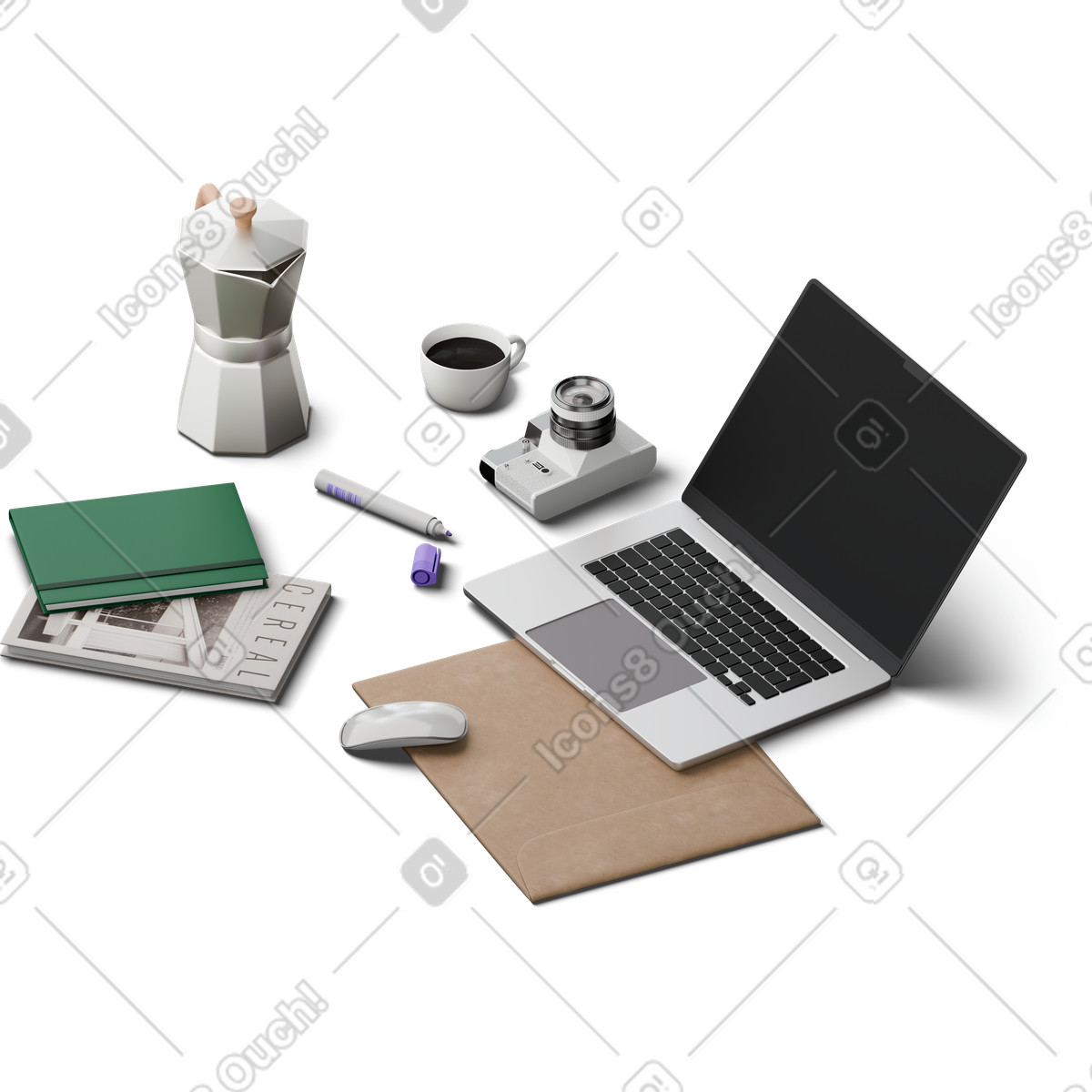 Illustration Vue isométrique d'un ordinateur portable, d'une lettre, de livres, appareil photo et café dans le style 3D Hygge à télécharger aux formats PNG, SVG