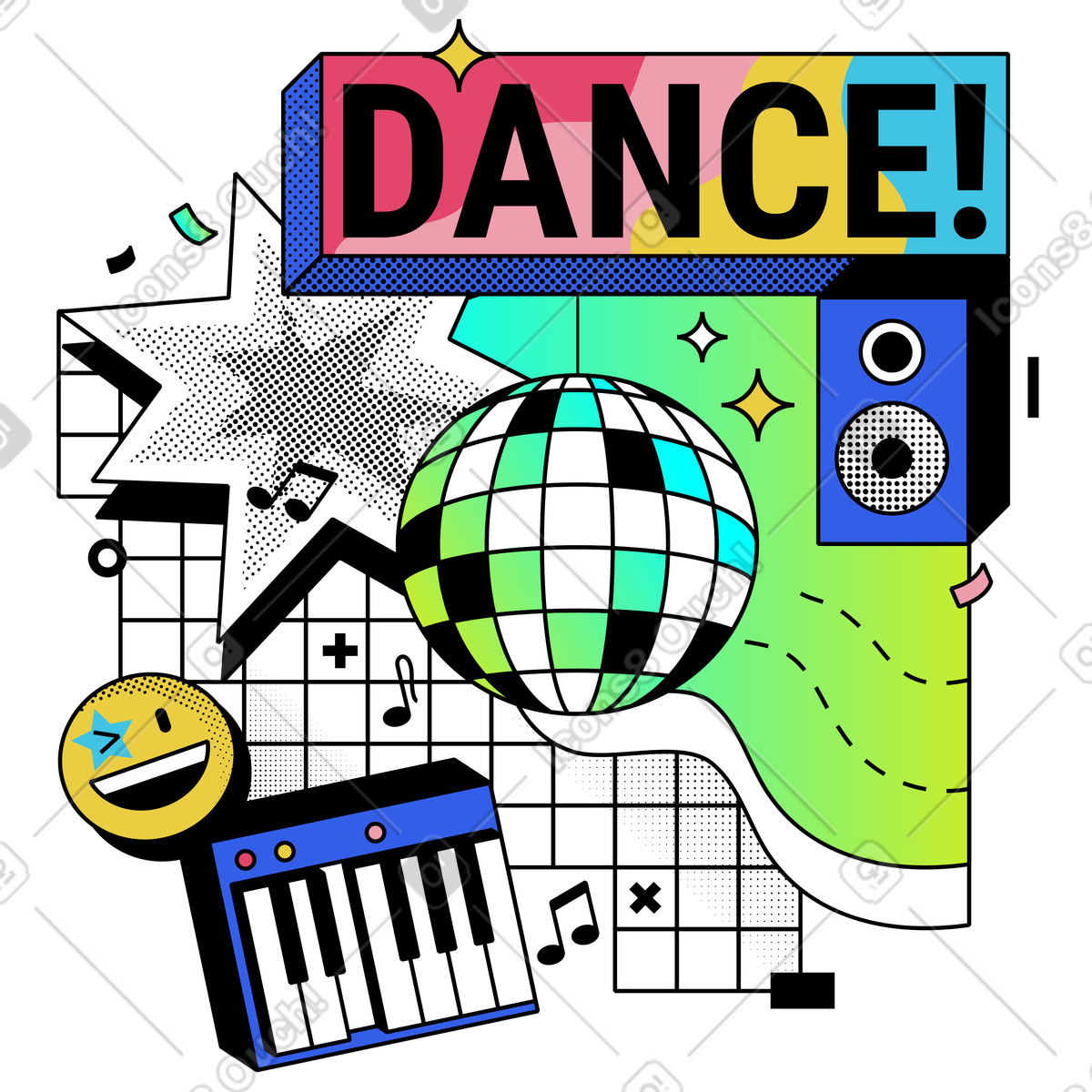 Ilustración Piano eléctrico, bola de discoteca y altavoz para fiesta baile. en estilo Memphis a descargar en PNG SVG