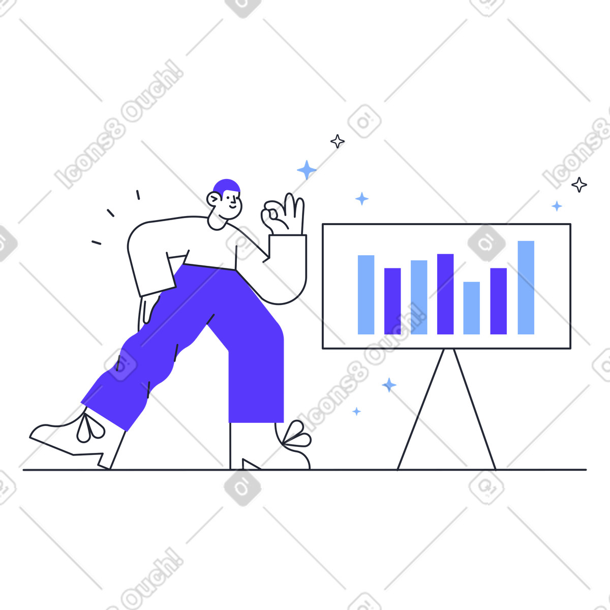 Mann schaut sich diagramm an und gibt „ok“-Illustration im Pablita-Stil als Download in PNG, SVG