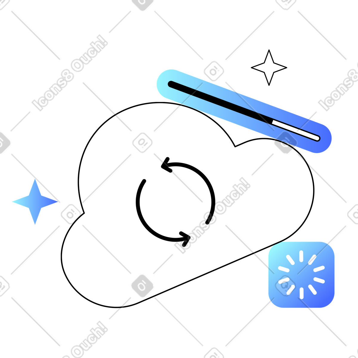 Cloud with sync arrows and progress bar, File synchronization backup illustration in Azure style download in PNG, SVG