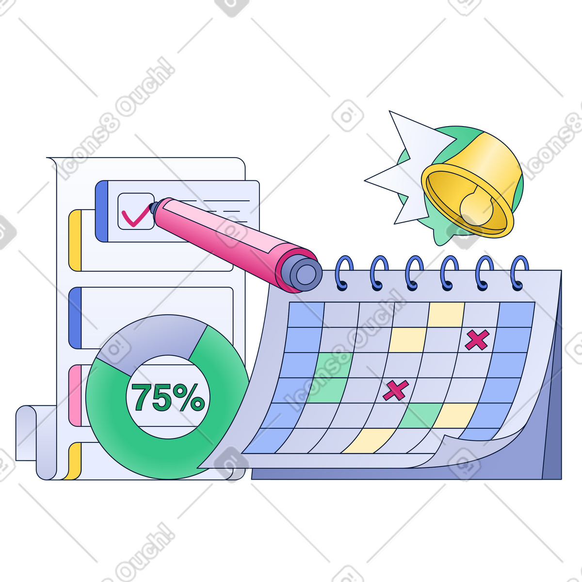 Checklist and calendar with event notifications illustration in PNG, SVG