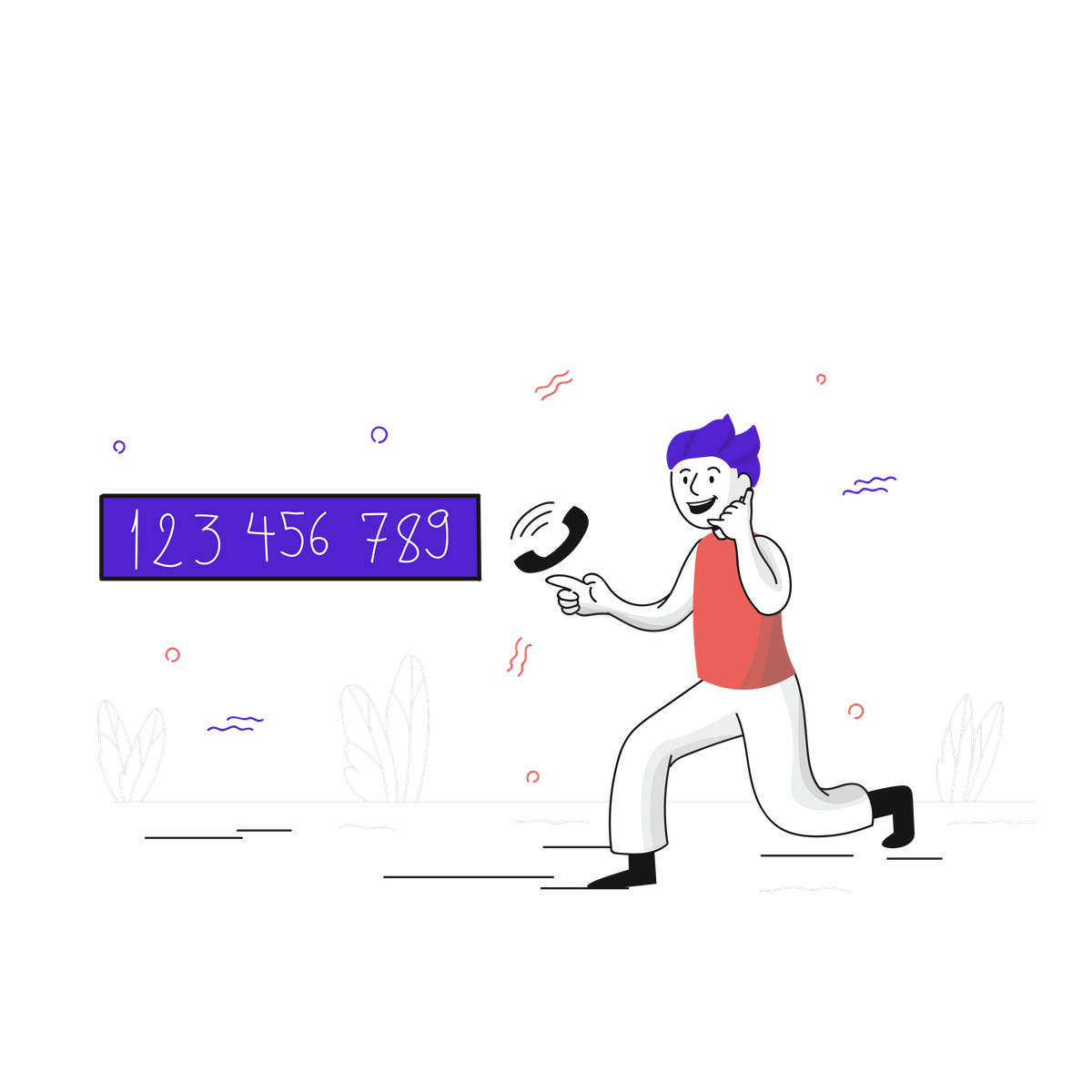 Pixeltrue 스타일의 Person pointing to phone contact, customer support and helpline concept 일러스트레이션 PNG, SVG 다운로드